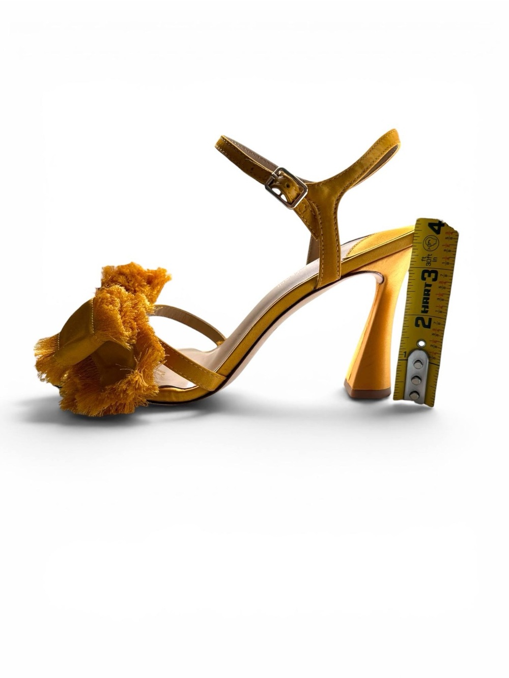 Antonio Melani Women Mustard Satin Fringe Bow Sandals Sculptural Heel Size 8 - Picture 13 of 13